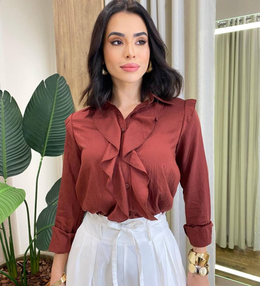 Camisa Feminina Manga Longa com Detalhe em Babado Telha - Fernanda Ramos Store