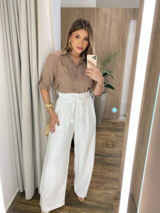 Camisa Feminina Social Sofya Manga Longa Caqui - Fernanda Ramos Store