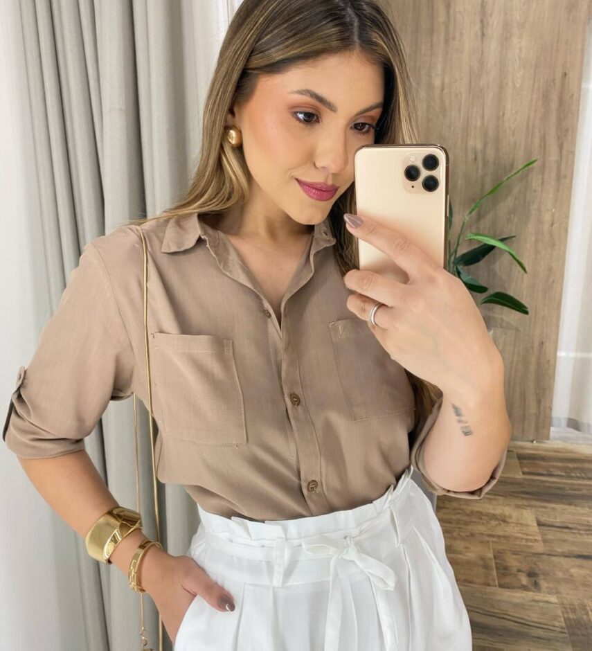 Camisa Feminina Social Sofya Manga Longa Caqui - Fernanda Ramos Store