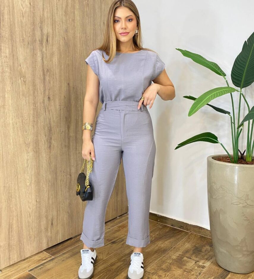 Conjunto Feminino Alfaiataria Mavie Blusa e Calça com Amarração Cinza - Fernanda Ramos Store