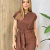 Conjunto Feminino Alfaiataria Mavie Blusa e Calça com Amarração Marrom - Fernanda Ramos Store