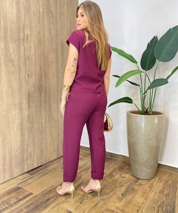 Conjunto Feminino Alfaiataria Mavie Blusa e Calça com Amarração Marsala - Fernanda Ramos Store