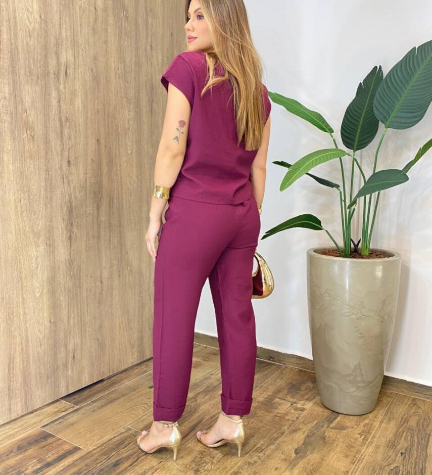 Conjunto Feminino Alfaiataria Mavie Blusa e Calça com Amarração Marsala - Fernanda Ramos Store