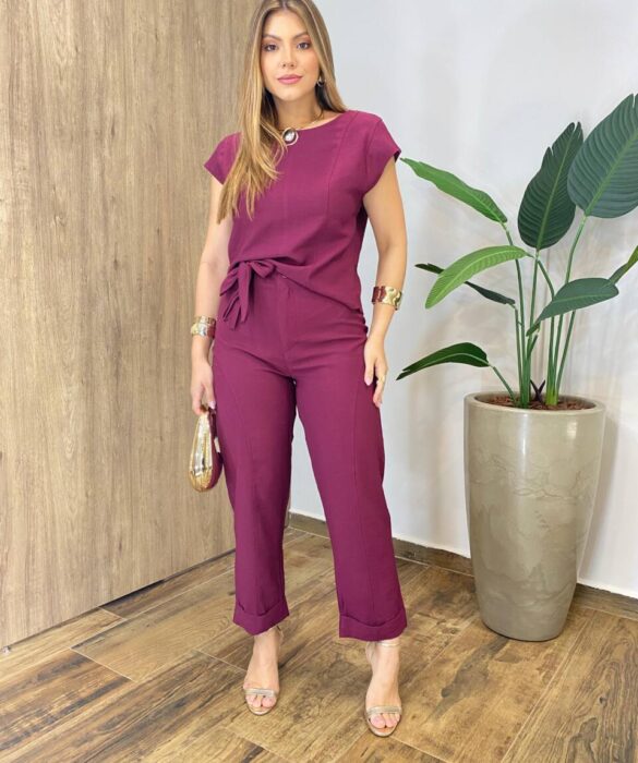 Conjunto Feminino Alfaiataria Mavie Blusa e Calça com Amarração Marsala - Fernanda Ramos Store