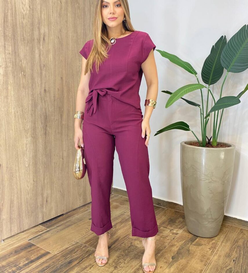 Conjunto Feminino Alfaiataria Mavie Blusa e Calça com Amarração Marsala - Fernanda Ramos Store