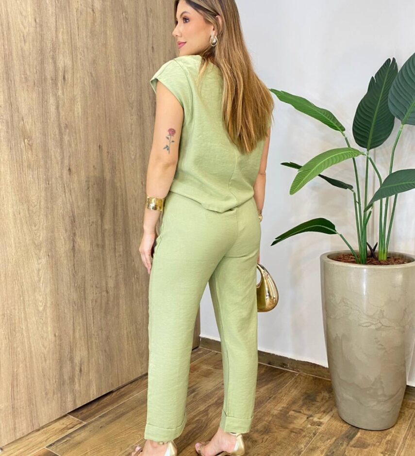 Conjunto Feminino Alfaiataria Mavie Blusa e Calça com Amarração Verde - Fernanda Ramos Store
