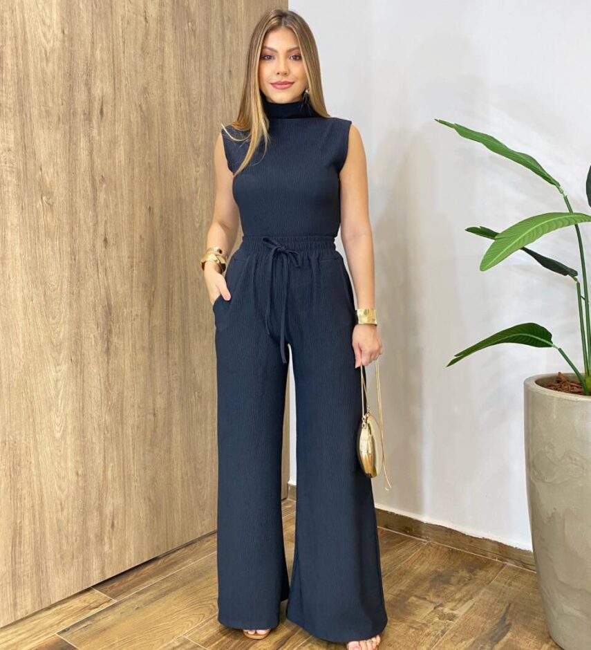 Conjunto Feminino Comfy Regata Gola Alta e Calça Pantalona Preto - Fernanda Ramos Store