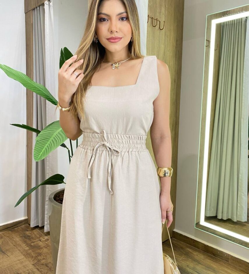 Conjunto Marilia Cropped sem Bojo Alça Grossa e Saia Midi Bege - Fernanda Ramos Store
