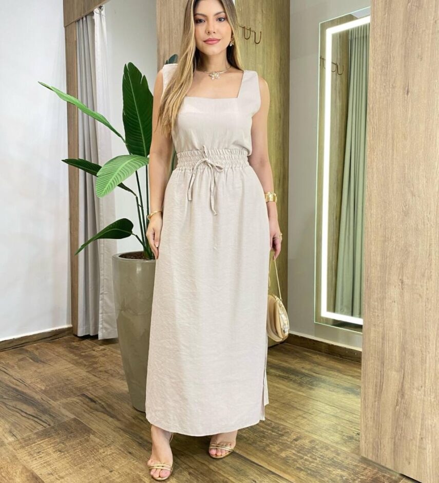 Conjunto Marilia Cropped sem Bojo Alça Grossa e Saia Midi Bege - Fernanda Ramos Store