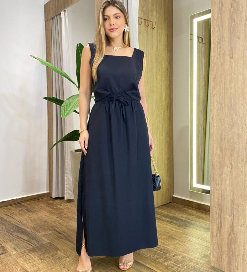 Conjunto Marilia Cropped sem Bojo Alça Grossa e Saia Midi Preto - Fernanda Ramos Store