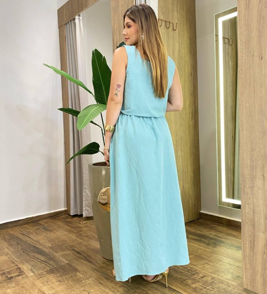 Conjunto Marilia Cropped sem Bojo Alça Grossa e Saia Midi Verde - Fernanda Ramos Store