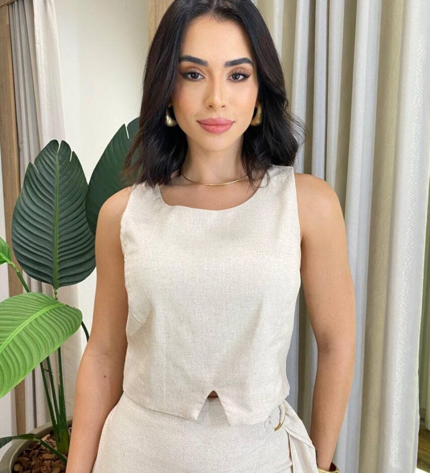 Conjunto Maya Cropped com Zíper e Saia Midi com Amarração Cru - Fernanda Ramos Store