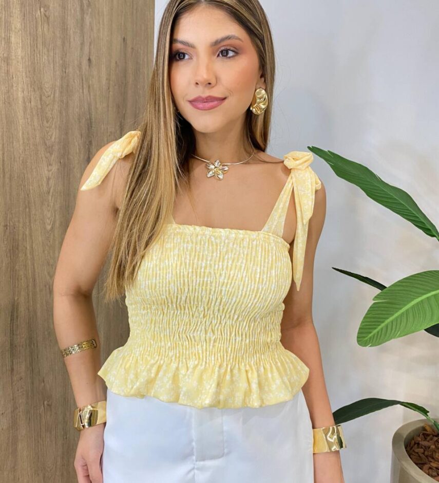 Cropped Feminino Cloe sem Bojo Estampado Todo em Lastex e Amarração - Fernanda Ramos Store