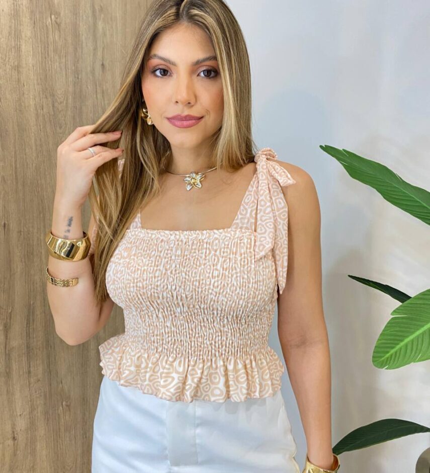 Cropped Feminino Cloe sem Bojo Todo em Lastex e Amarração Estampado - Fernanda Ramos Store