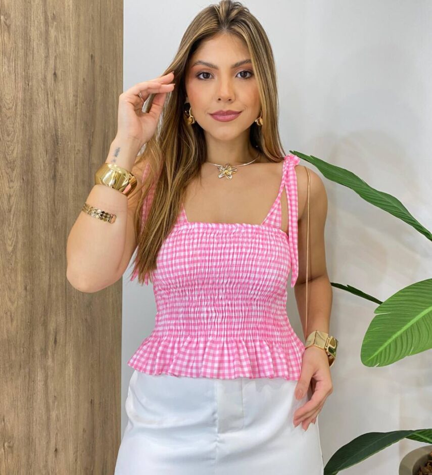 Cropped Feminino Cloe sem Bojo Todo em Lastex e Amarração Xadrez - Fernanda Ramos Store