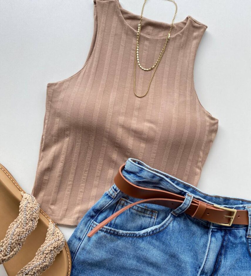 Cropped Feminino Eduarda com Bojo Canelado Caqui - Fernanda Ramos Store