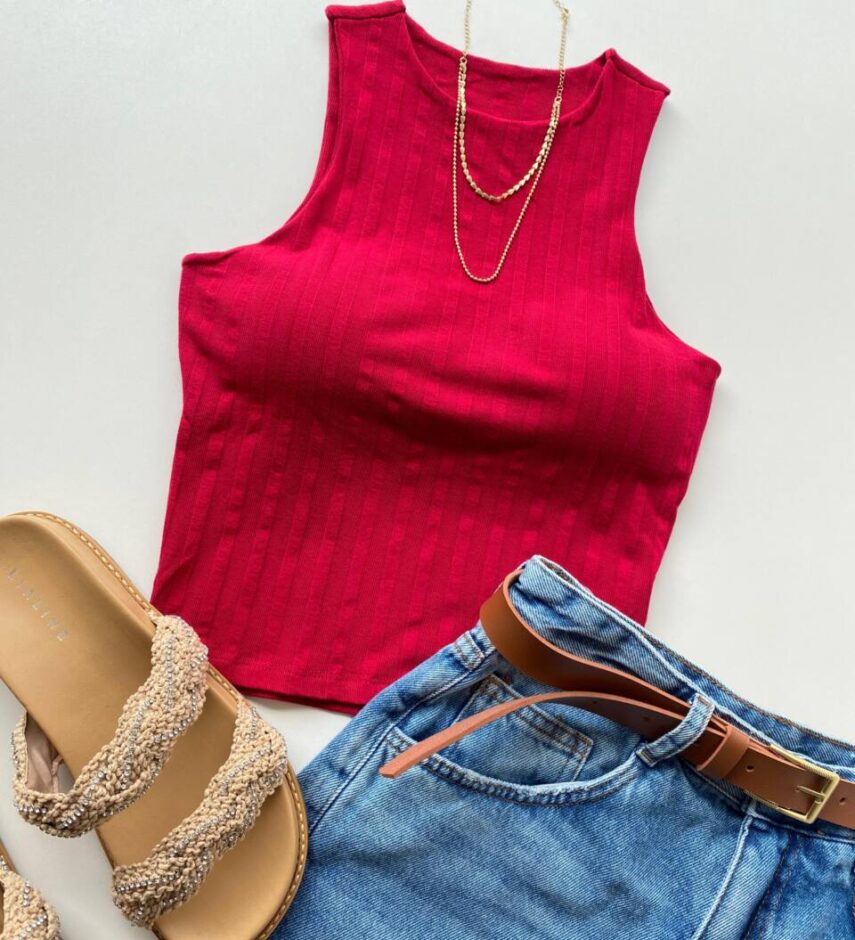 Cropped Feminino Eduarda com Bojo Canelado Vermelho - Fernanda Ramos Store