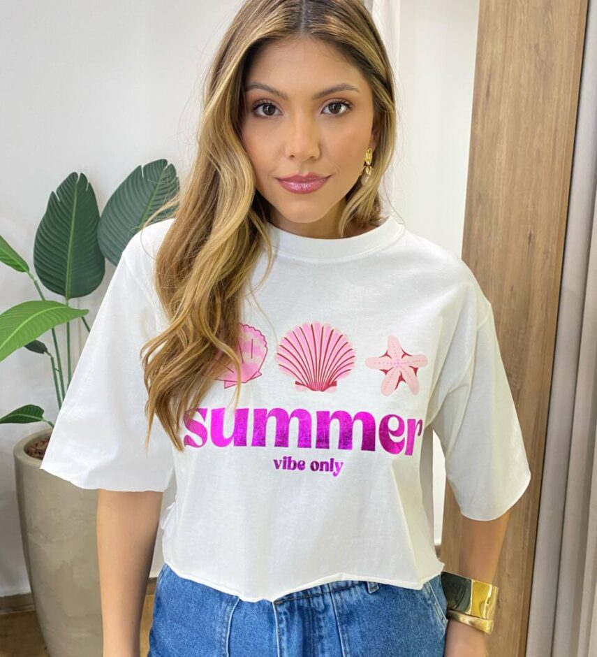 Cropped Feminino Manga Curta Oversized Summer Vibe Estampado - Fernanda Ramos Store