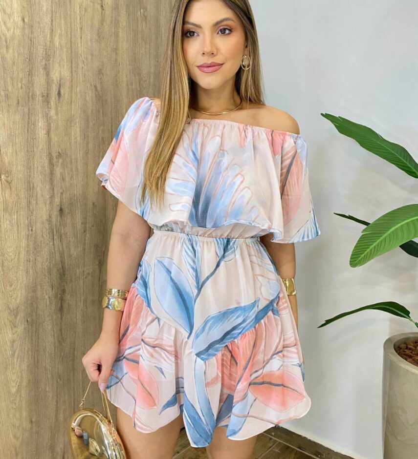 Macaquinho Curto Vick sem Bojo Ombro a Ombro Estampado Rose - Fernanda Ramos Store