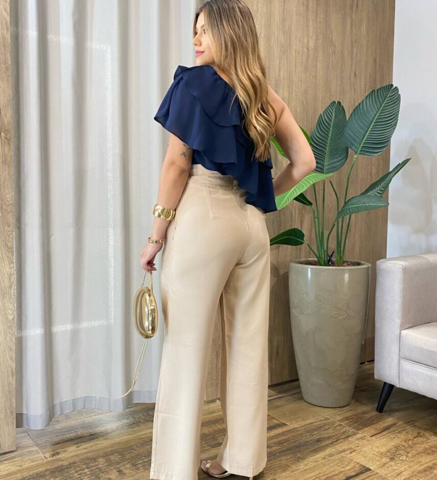 Regata Feminina Bella Nula Manga com Babados Azul Marinho - Fernanda Ramos Store
