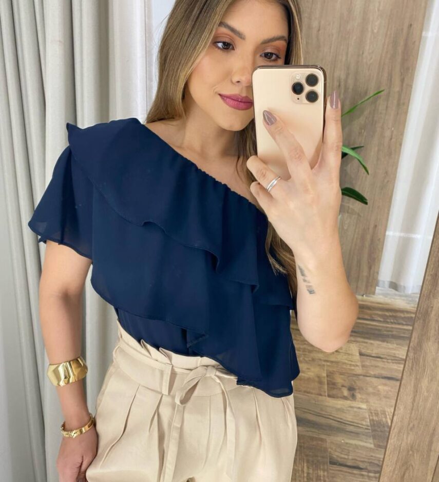 Regata Feminina Bella Nula Manga com Babados Azul Marinho - Fernanda Ramos Store