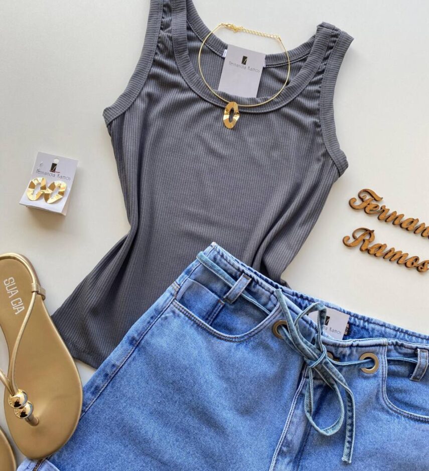 Regata Feminina Canelada Esmeralda Areia Cinza - Fernanda Ramos Store