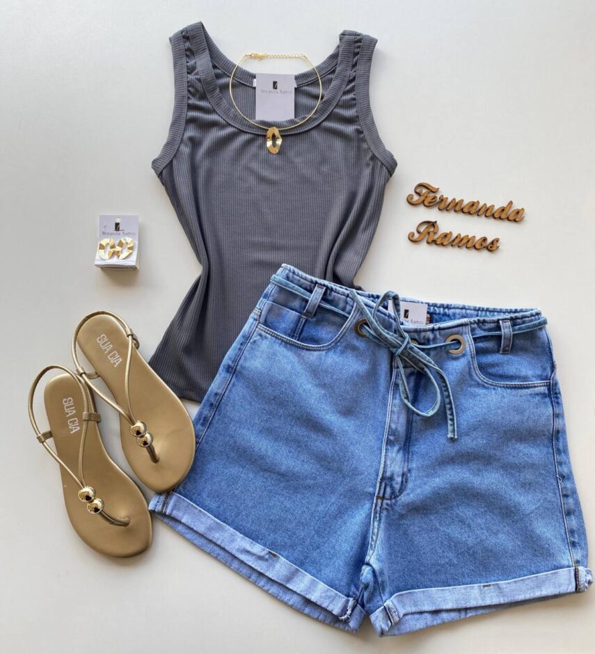 Regata Feminina Canelada Esmeralda Areia Cinza - Fernanda Ramos Store