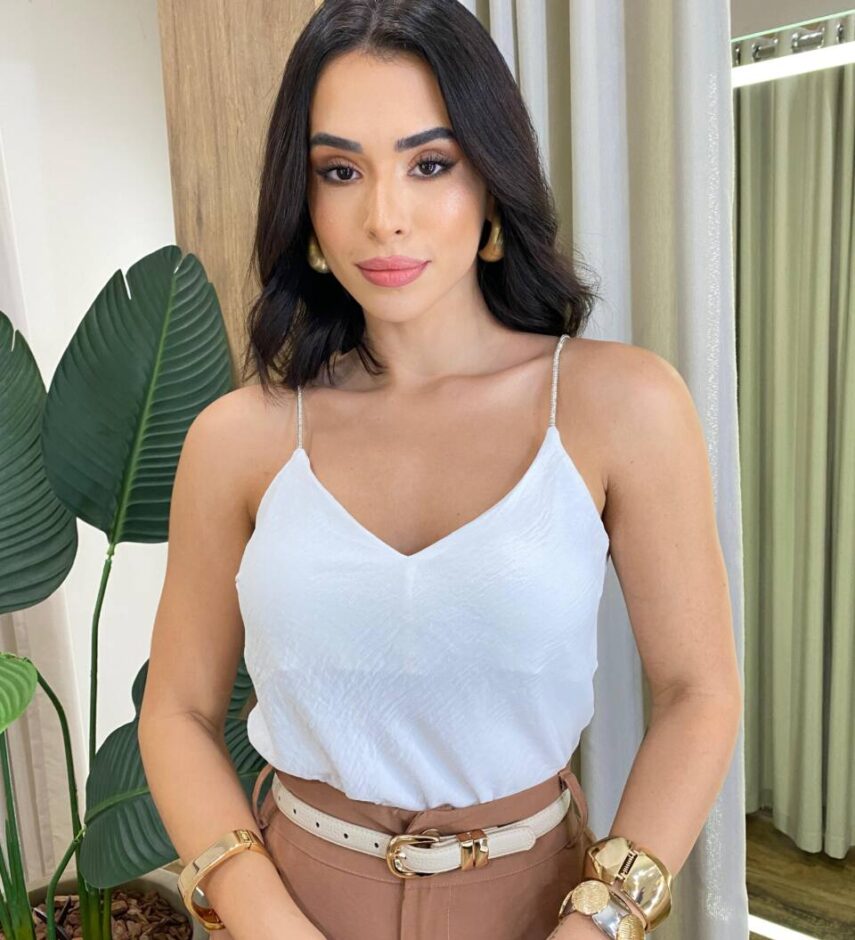 Regata Laura Feminina Crepe Alça Brilho Branca - Fernanda Ramos Store
