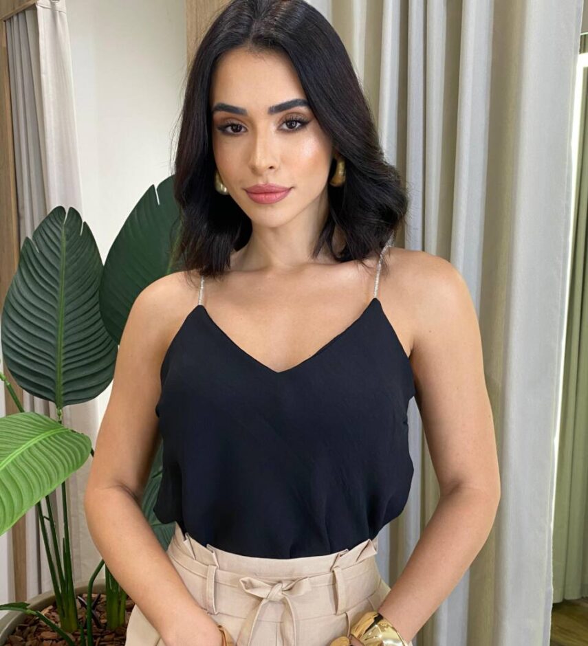 Regata Laura Feminina Crepe Alça Brilho Preta - Fernanda Ramos Store