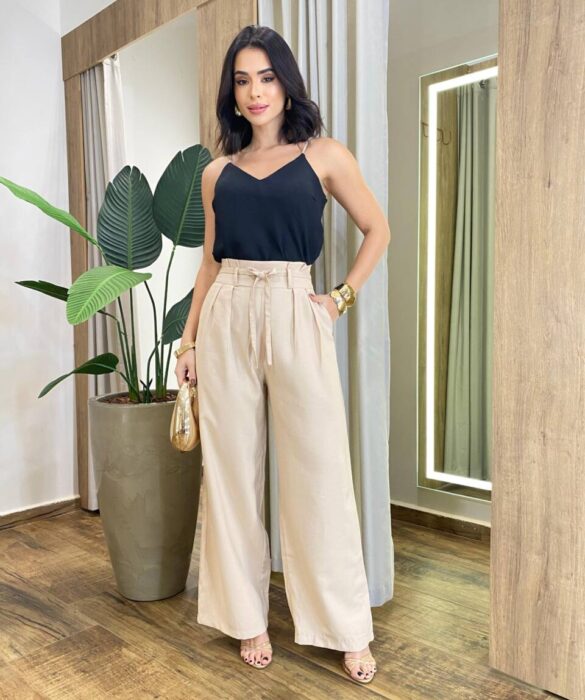 Regata Laura Feminina Crepe Alça Brilho Preta - Fernanda Ramos Store