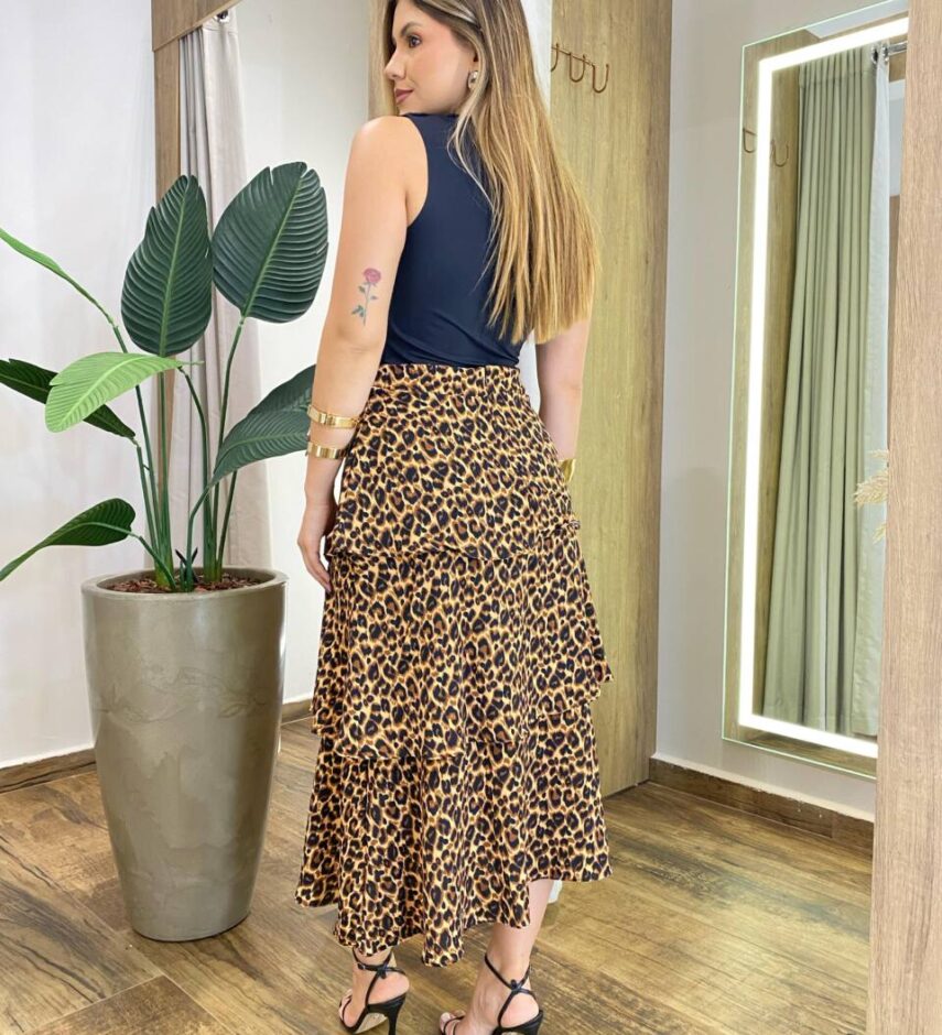 Saia Feminina Midi em Camadas Animal Print com Zíper - Fernanda Ramos Store