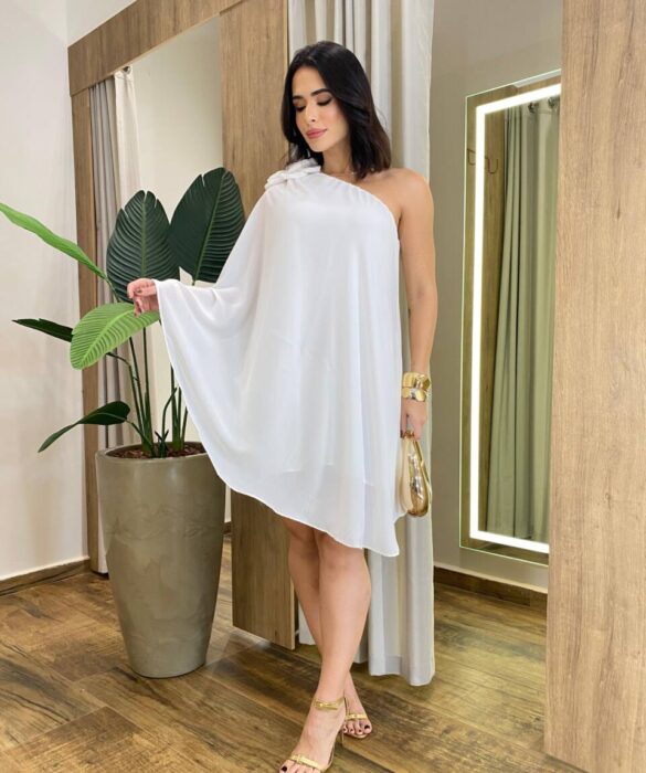 Vestido Curto Sofy sem Bojo Nula Manga Fluido com Detalhe Flor Branco - Fernanda Ramos Store