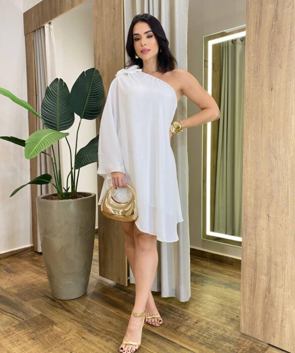 Vestido Curto Sofy sem Bojo Nula Manga Fluido com Detalhe Flor Branco - Fernanda Ramos Store