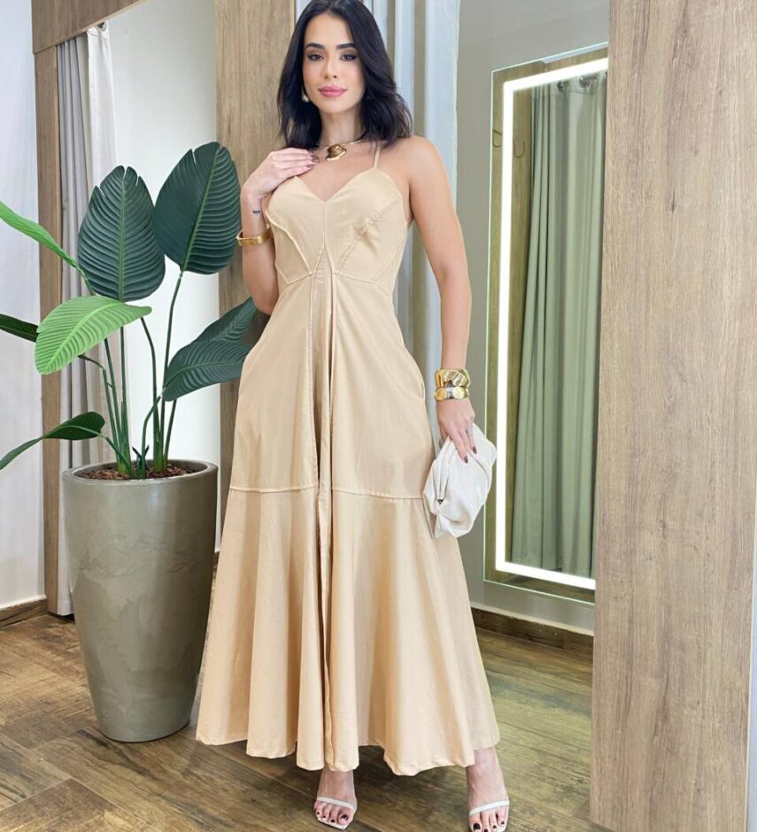 Vestido Feminino Longo Candy sem Bojo Amarração na Alça Bege - Fernanda Ramos Store
