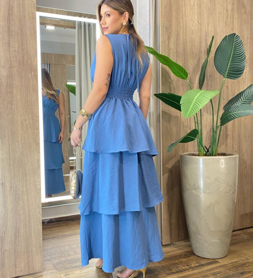 Vestido Feminino Longo Carol com Bojo Camadas e Alça Grossa Azul - Fernanda Ramos Store