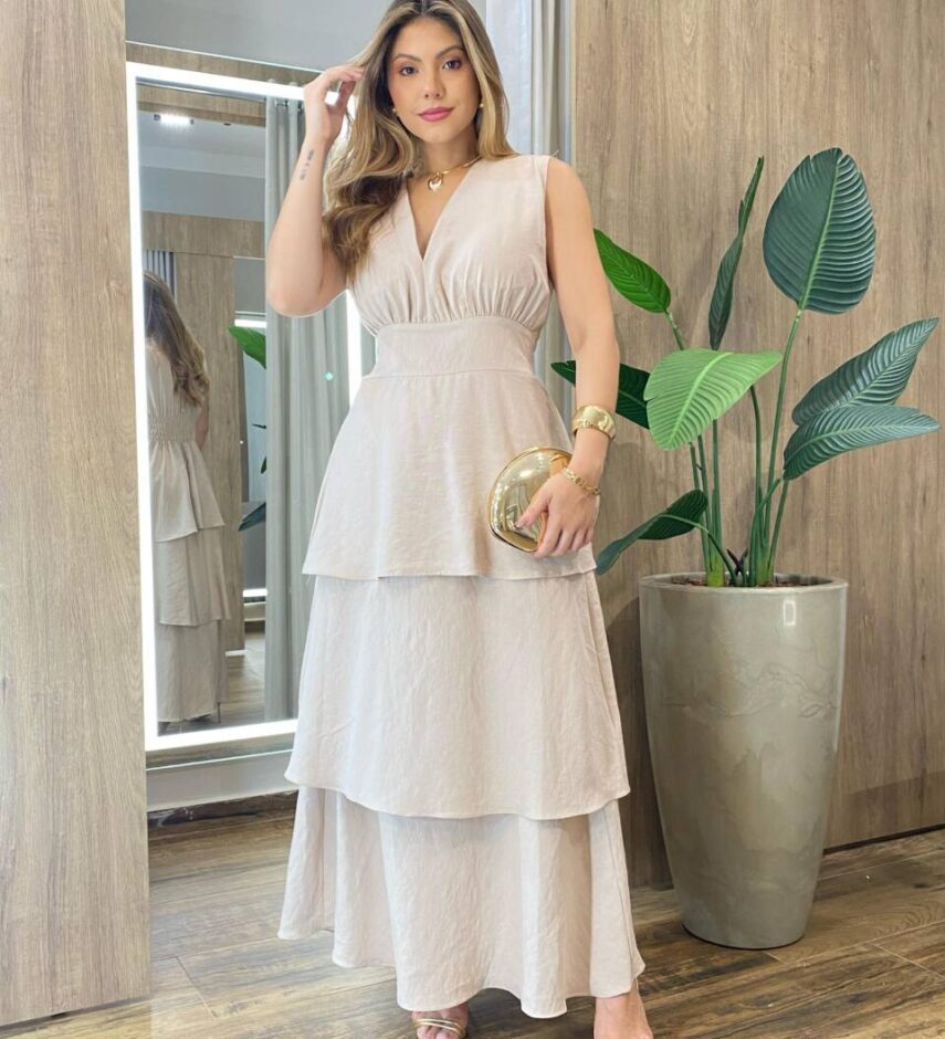 Vestido Feminino Longo Carol com Bojo Camadas e Alça Grossa Nude - Fernanda Ramos Store