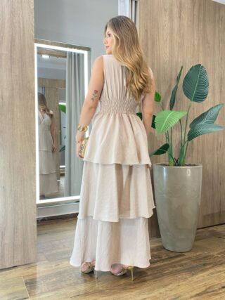 Vestido Feminino Longo Carol com Bojo Camadas e Alça Grossa Nude - Fernanda Ramos Store