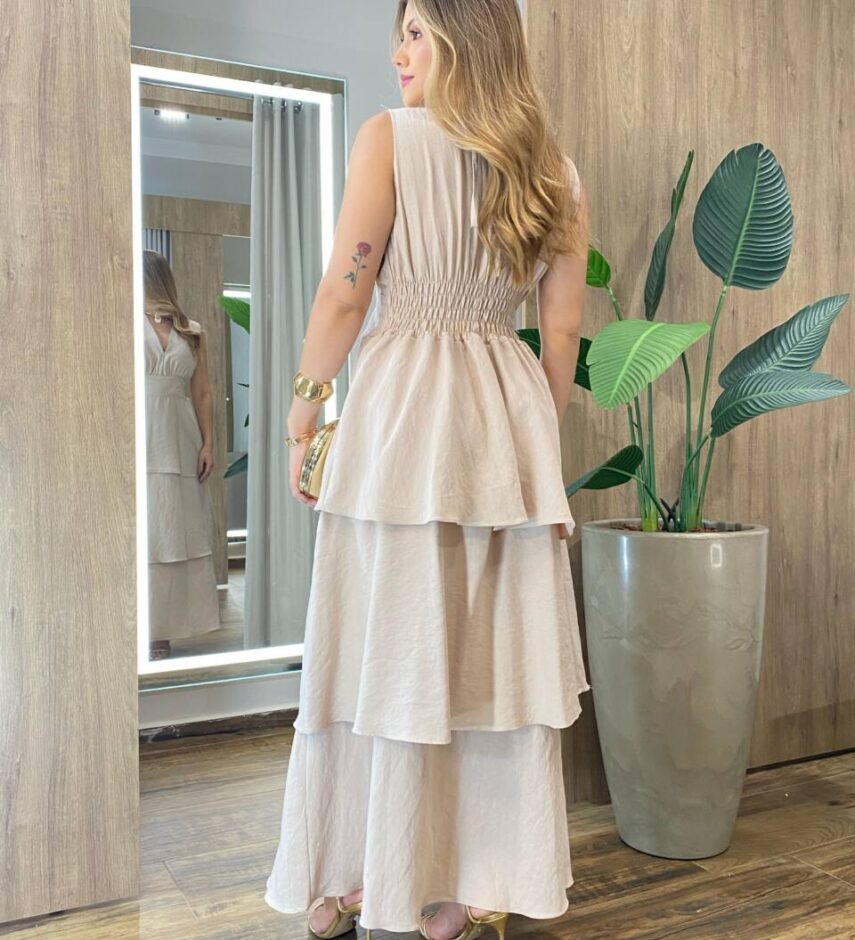 Vestido Feminino Longo Carol com Bojo Camadas e Alça Grossa Nude - Fernanda Ramos Store