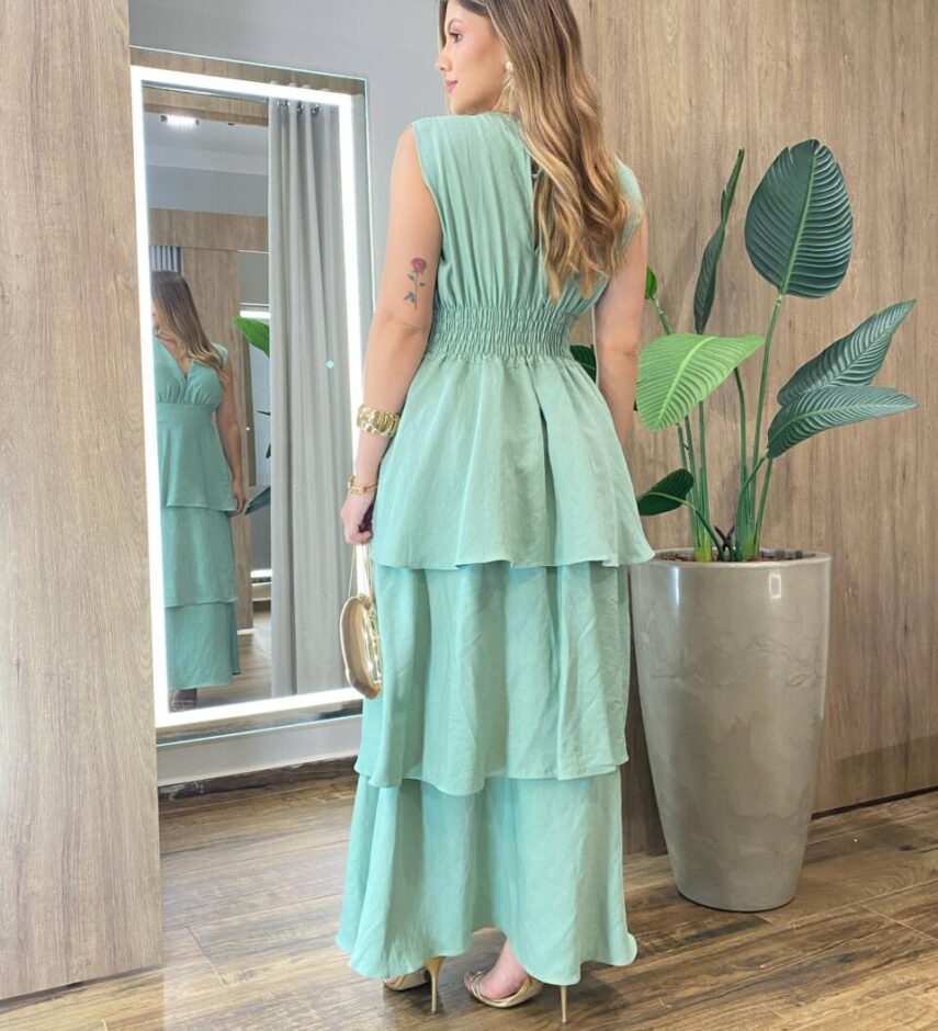 Vestido Feminino Longo Carol com Bojo Camadas e Alça Grossa Verde - Fernanda Ramos Store