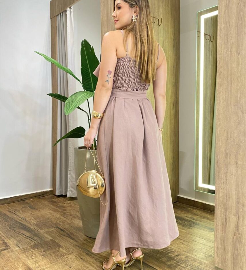 Vestido Feminino Longo Ester com Bojo Babado e Amarração Bege - Fernanda Ramos Store