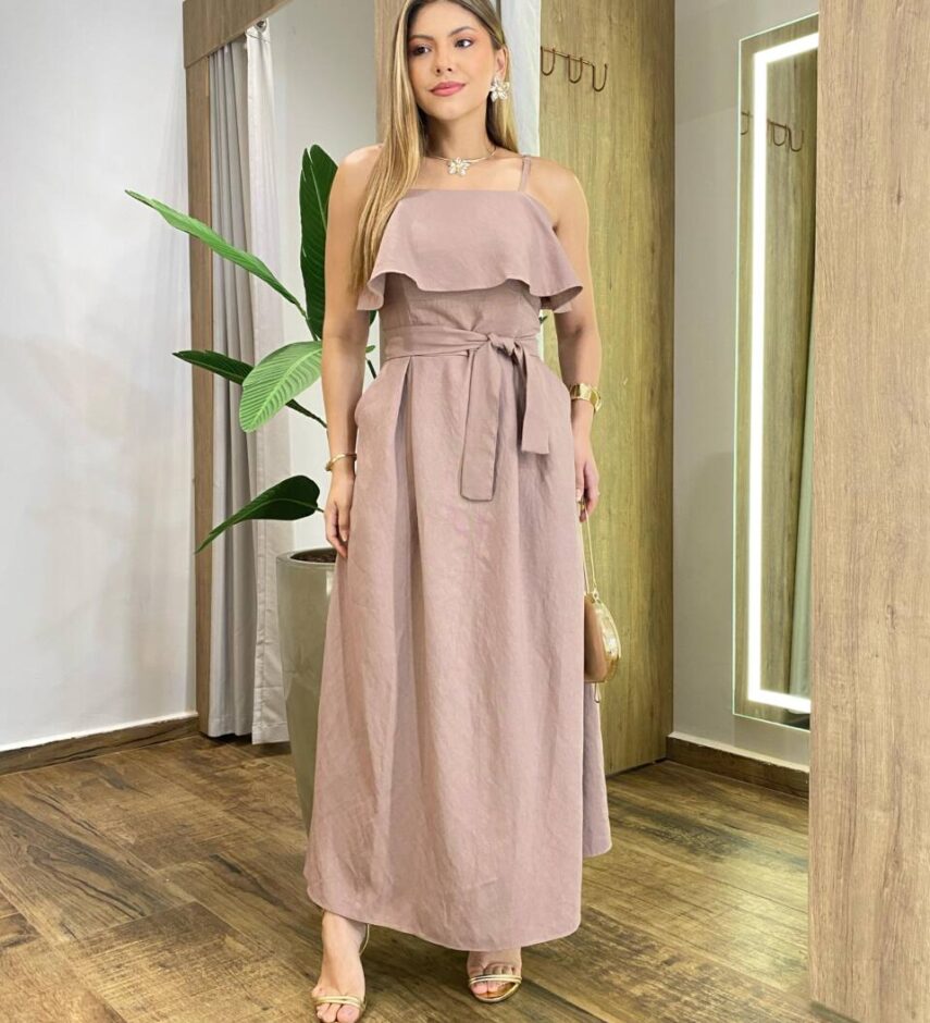 Vestido Feminino Longo Ester com Bojo Babado e Amarração Bege - Fernanda Ramos Store