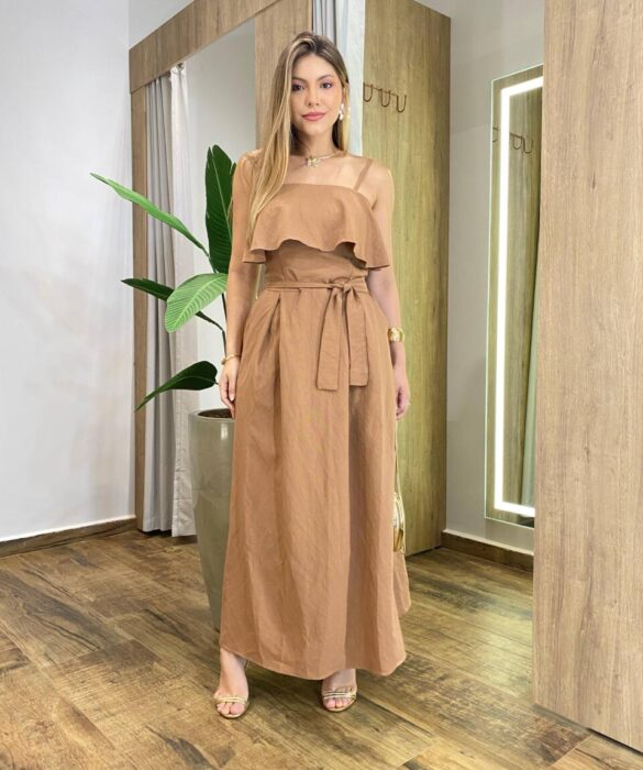 Vestido Feminino Longo Ester com Bojo Babado e Amarração Caqui - Fernanda Ramos Store