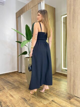 Vestido Feminino Longo Ester com Bojo Babado e Amarração Preto - Fernanda Ramos Store