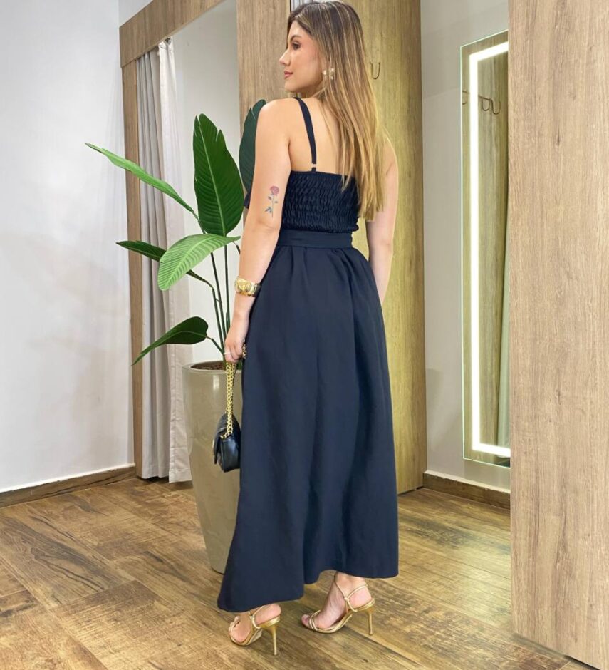 Vestido Feminino Longo Ester com Bojo Babado e Amarração Preto - Fernanda Ramos Store