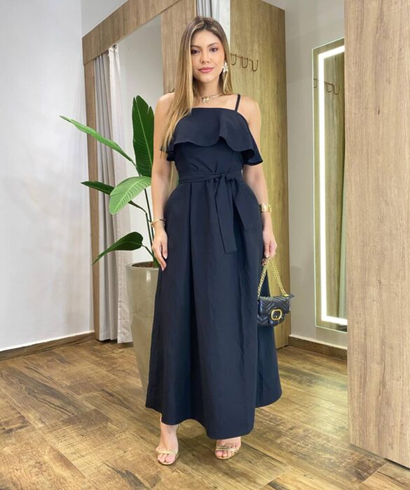 Vestido Feminino Longo Ester com Bojo Babado e Amarração Preto - Fernanda Ramos Store