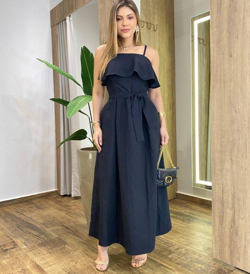 Vestido Feminino Longo Ester com Bojo Babado e Amarração Preto - Fernanda Ramos Store