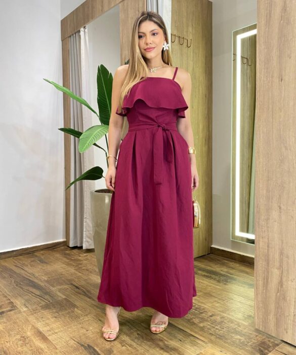 Vestido Feminino Longo Ester com Bojo Babado e Amarração Vinho - Fernanda Ramos Store