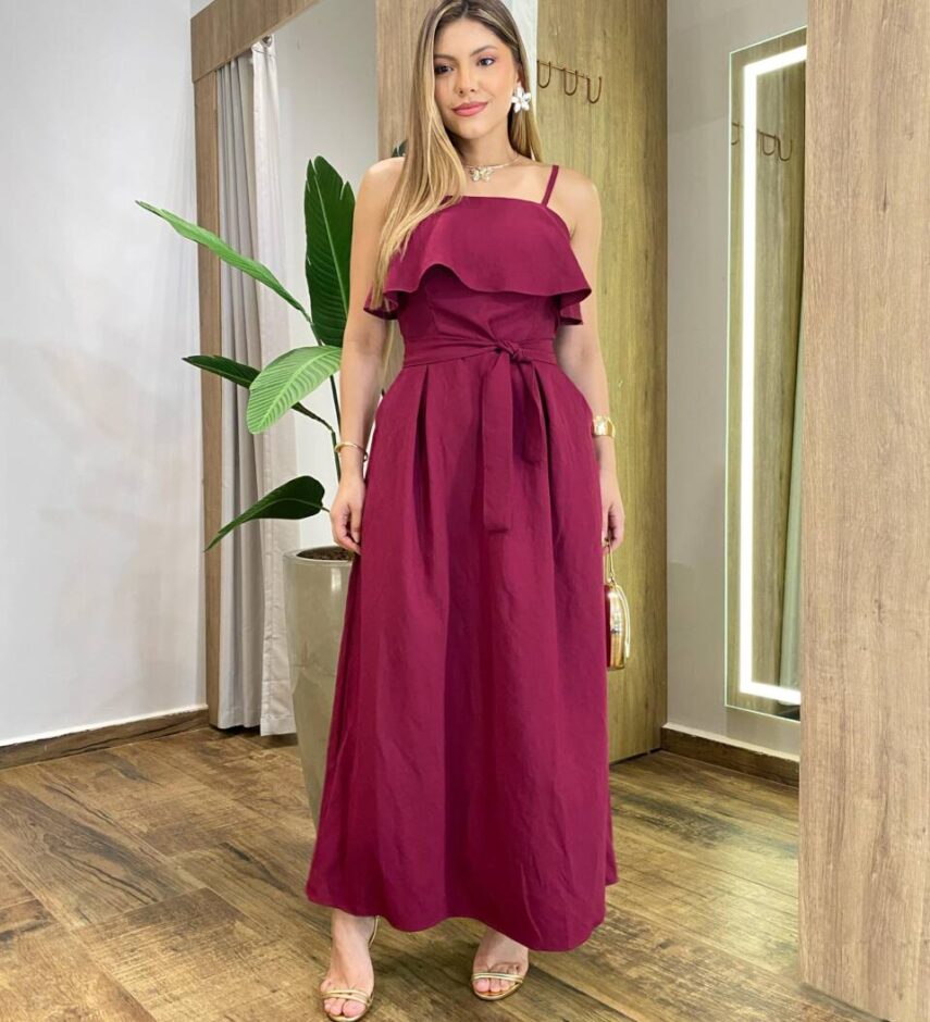 Vestido Feminino Longo Ester com Bojo Babado e Amarração Vinho - Fernanda Ramos Store