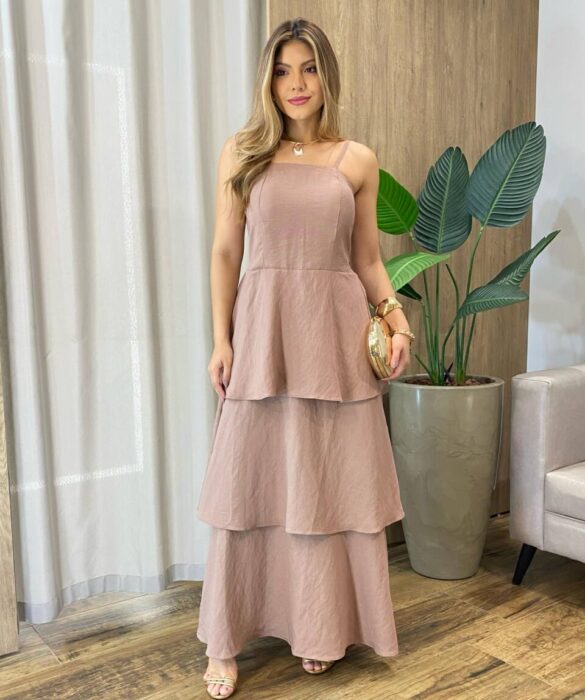 Vestido Feminino Longo Ísis com Bojo em Camadas Bege - Fernanda Ramos Store