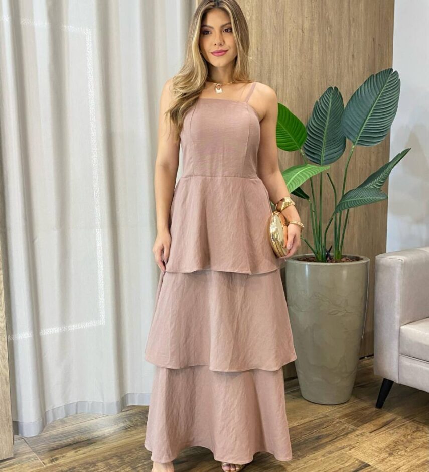 Vestido Feminino Longo Ísis com Bojo em Camadas Bege - Fernanda Ramos Store